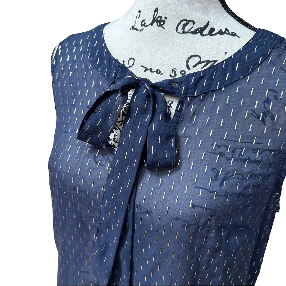 ❗️END OF YEAR SALE Merona Navy Blue Sleeveless Sheer Blouse with Bow Size M - Picture 4 of 6